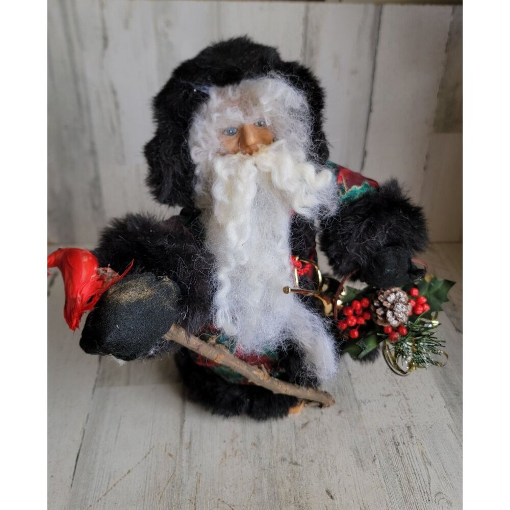 Vintage black robe Santa gift bag figure decor Xmas red cardinal